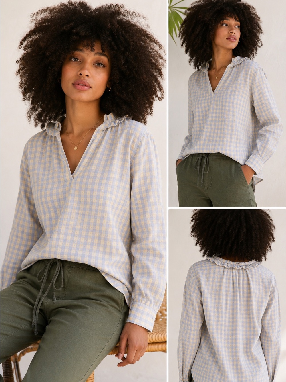 A Shirt Thing Penelope Blue Yellow Gingham Ruffle Collar Cotton Blouse Sz Medium